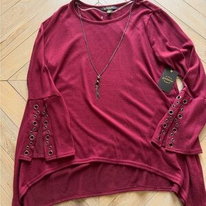 Burgundy Women Asymmetrical Sweater with Eyelet Sleeve Detail